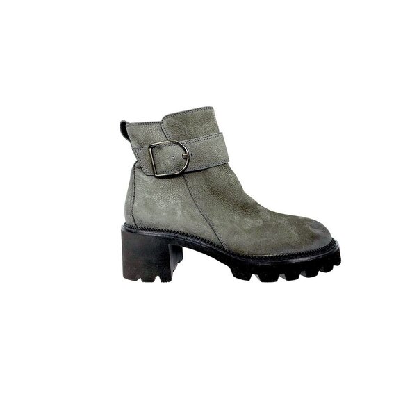 Paul Green Women Chunky Lug Sole Gray Leather Boots W/ Buckle Strap 7.5 - Picture 2 of 10